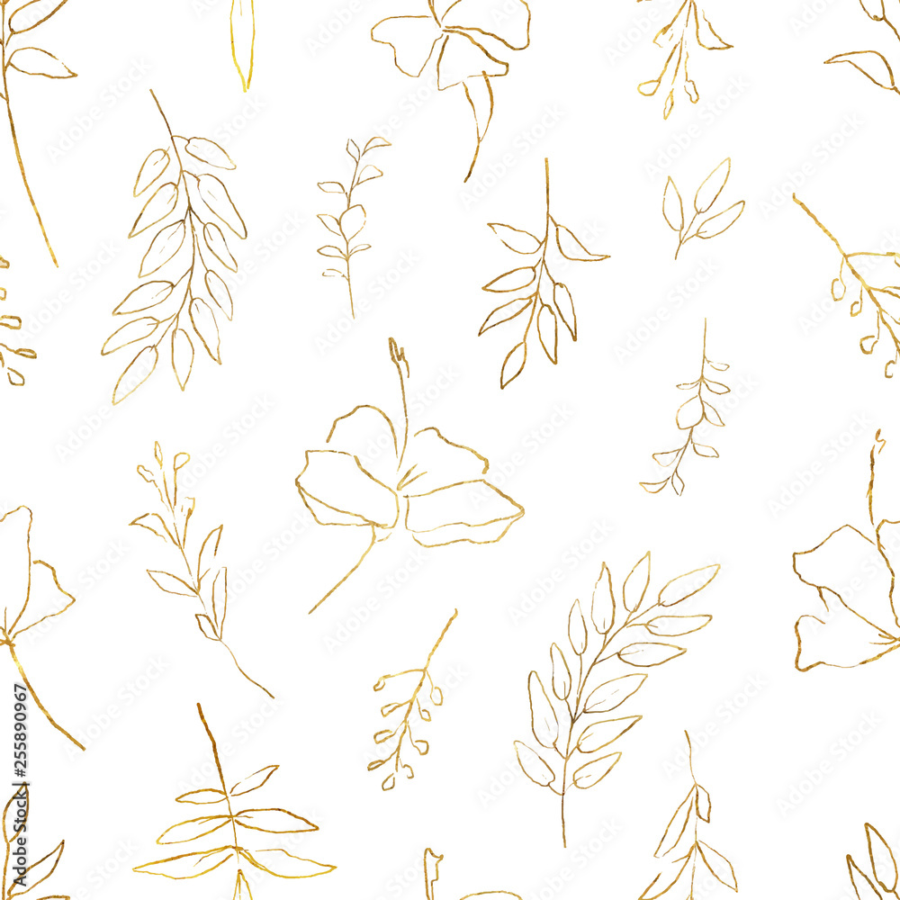 水彩矢量无缝图案，金色的树枝和白色背景上隔离的花朵。
