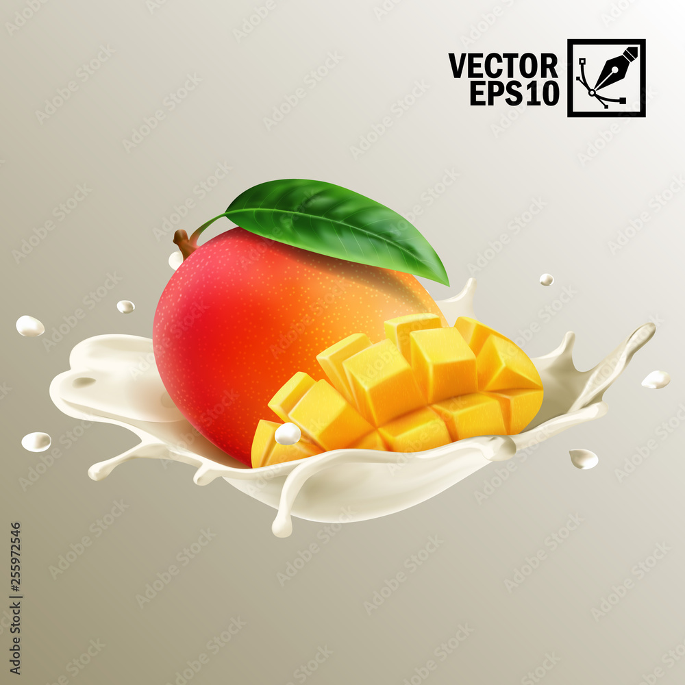 3d realistic isolated vector, splash milk or yogurt whole and slice of mango fruit, editable handmad