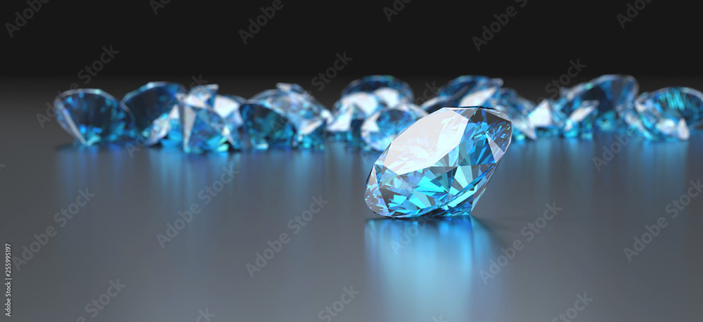 蓝色钻石宝石放置在反射背景三维渲染图上