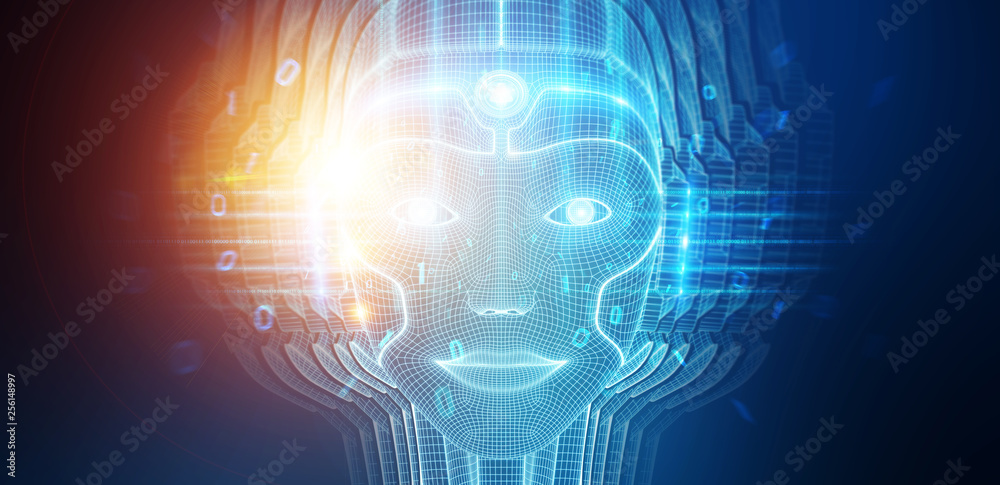 机器人女性半机械人人脸代表人工智能3D渲染