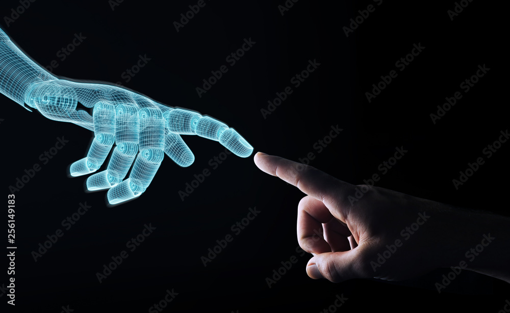 Wireframed Robot hand making contact with human hand on dark 3D rendering