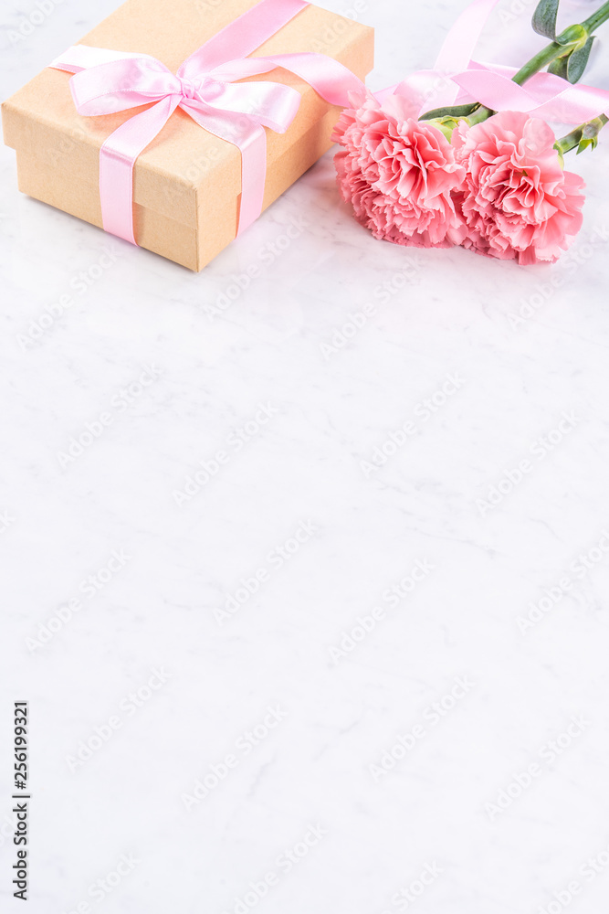 五月母亲节手工礼品盒创意概念，美丽绽放的康乃馨配婴儿粉色缎带b