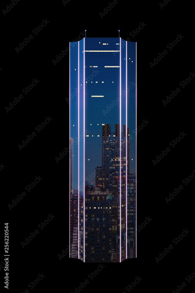 现代商业和商业摩天大楼，霓虹灯被隔离在黑色背景上。