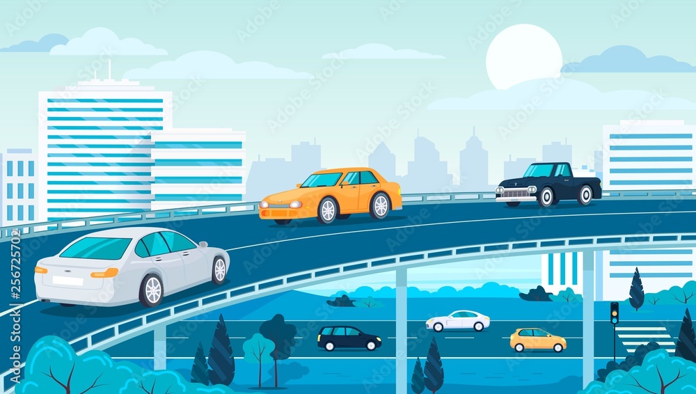城市景观高速公路和汽车矢量插图