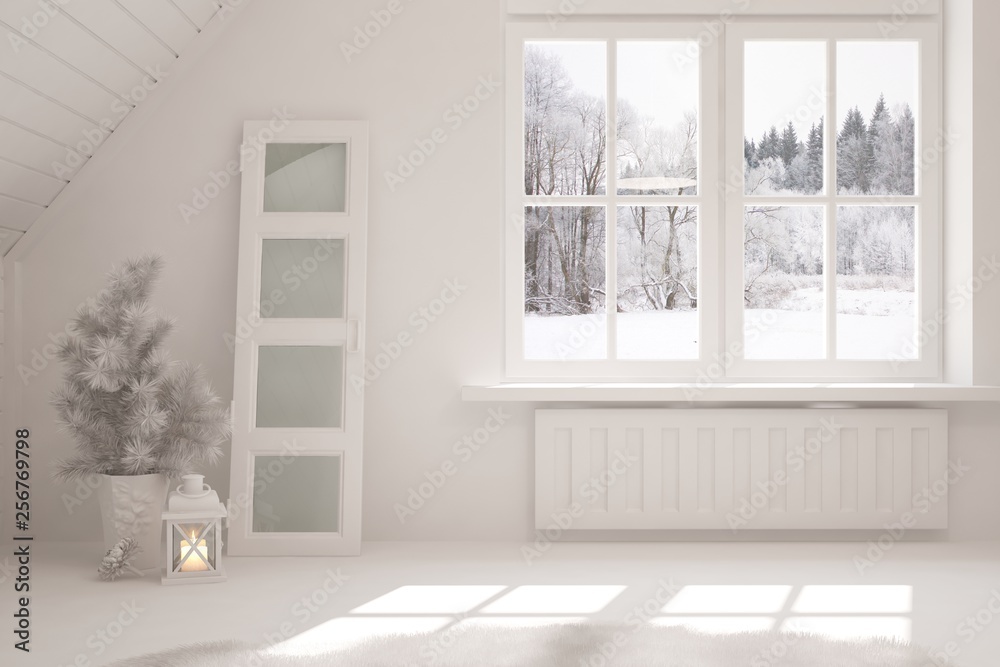 白色时尚的空房间，窗户里有冬季景观。斯堪的纳维亚室内设计。3D插图