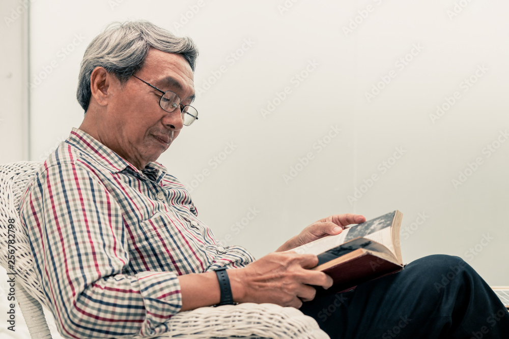 快乐的亚洲老人在家客厅的椅子上看书。退休生活方式和ag