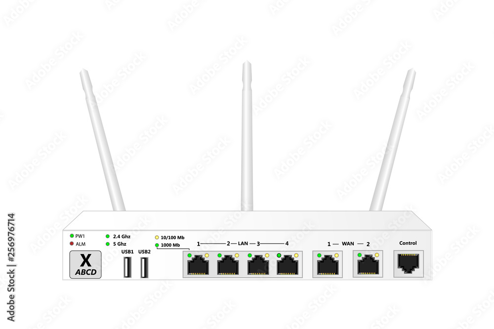 双频带无线服务路由器，带控制端口、2个VAN端口、4个LAN端口和2个USB端口。ro