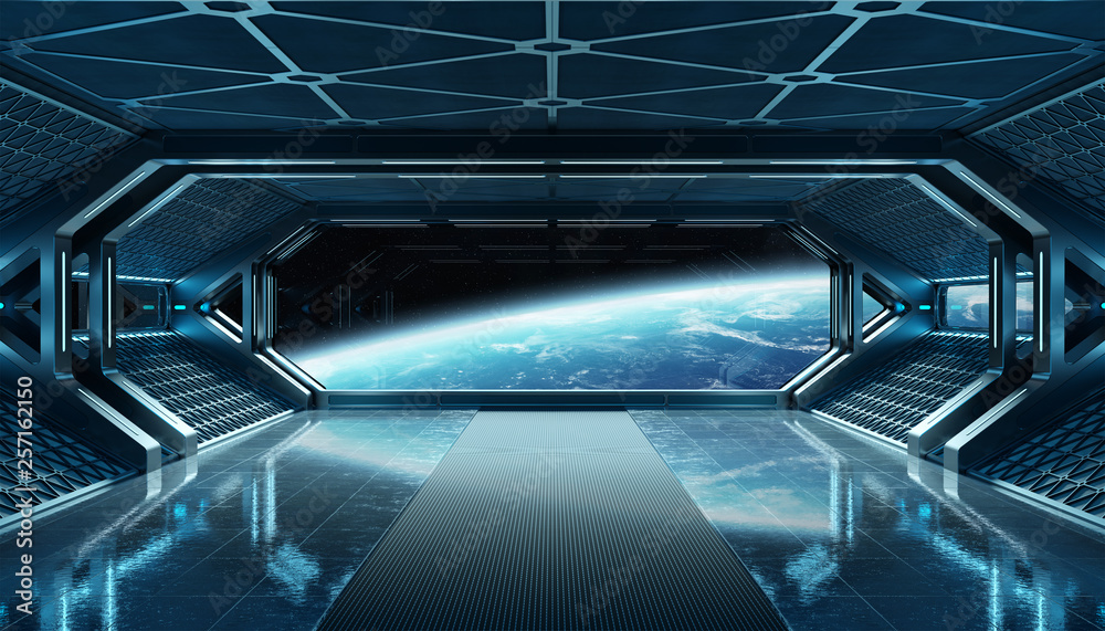 深蓝色太空船未来主义内饰，地球上的窗户视图3d渲染