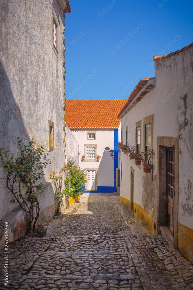 A typical narrow street in the medieval town of Obidos, Portugal.