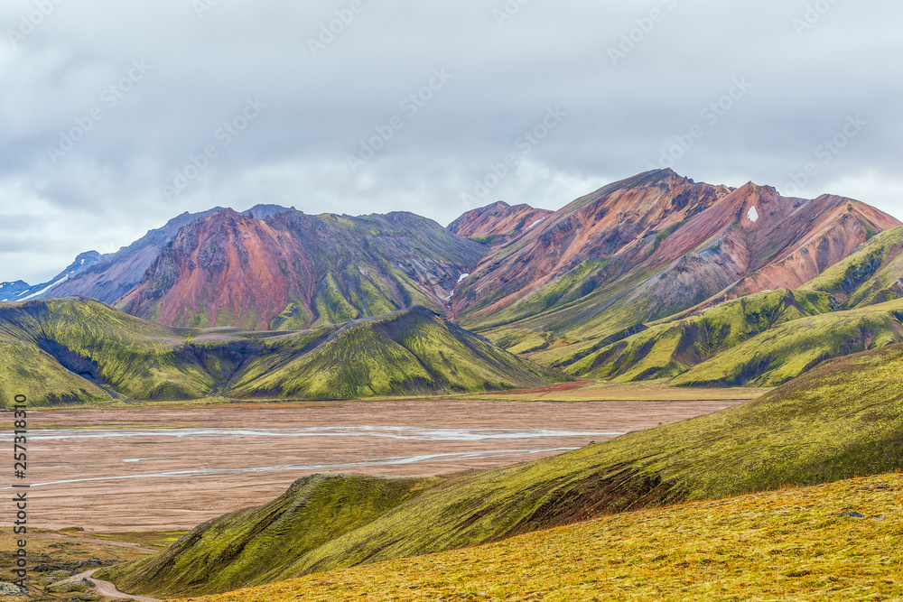 View of colorful mounains Landmannalaugar from the Laugavegur hiking trail.Iceland