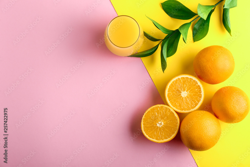 彩色背景上有一杯橙汁的成分