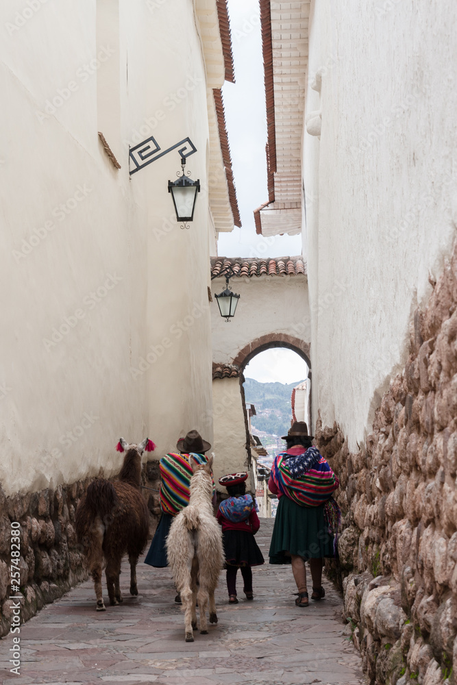Native people and their llamas walking the streets of downtown Cusco, Perú