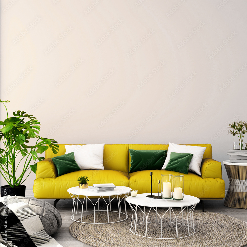生活区或接待处的室内设计，配有扶手椅、植物、木地板和经典的墙壁ba