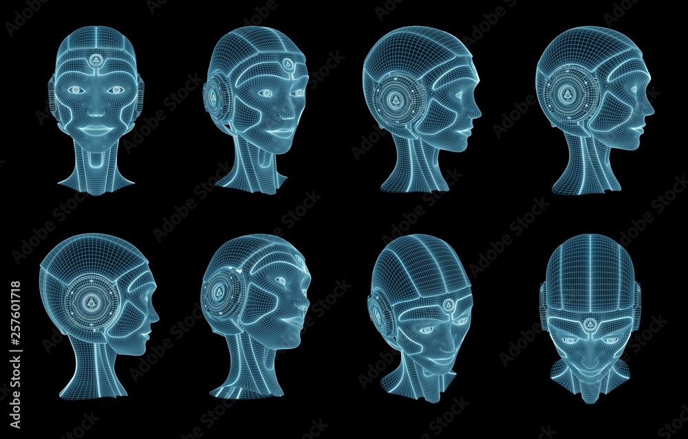 线框机器人女性头部集合3D渲染