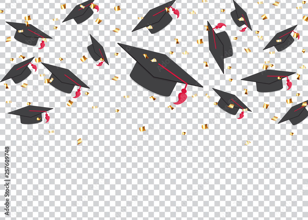 教育理念背景。毕业帽和五彩纸屑。矢量插图