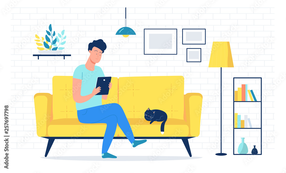 Yellow apartment interior design with young man and cat 