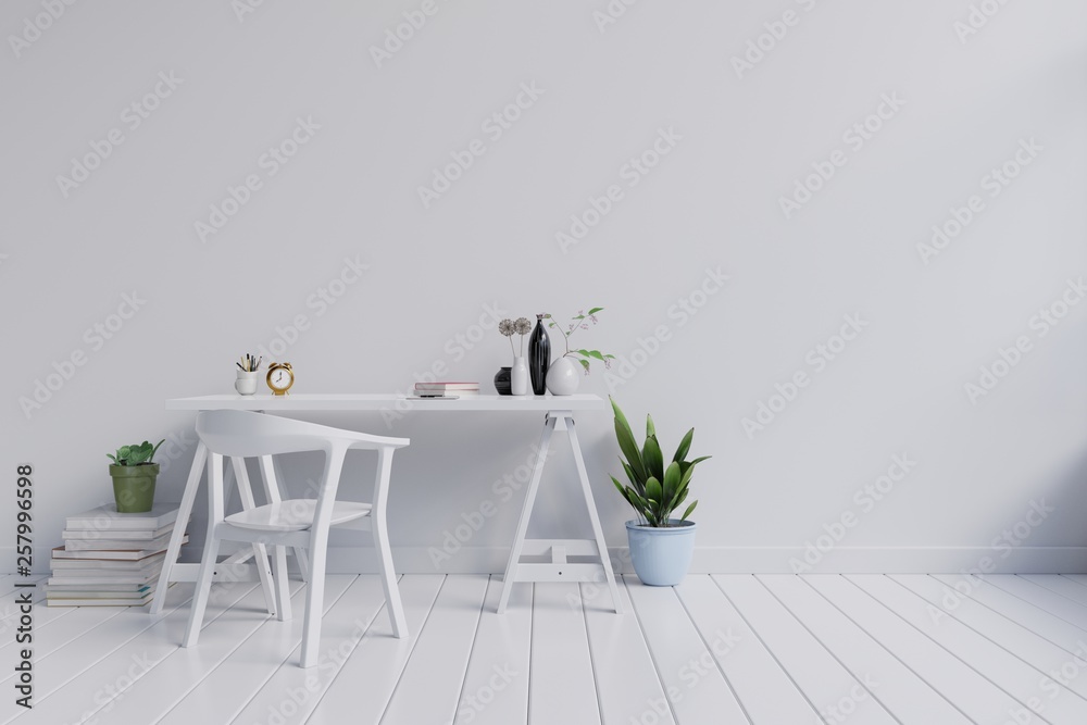 Front view of an working interior with white wall empty room,minimal design,3d rendering