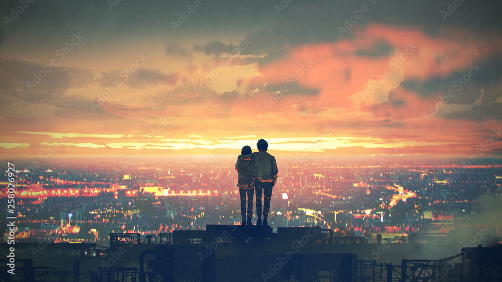 年轻夫妇站在屋顶上看日落时的城市景观，数字艺术风格，插图