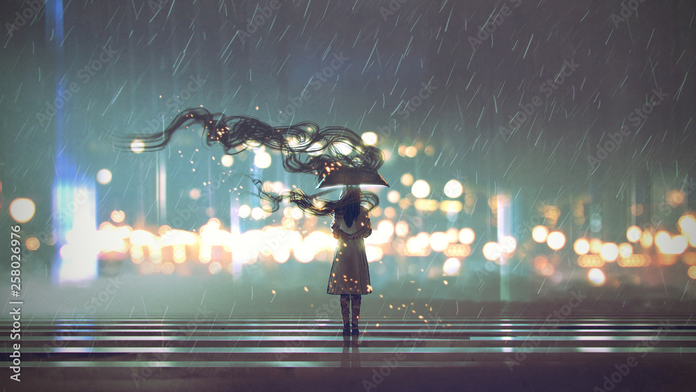 雨夜带伞神秘女子，数字艺术风格，插画绘画
