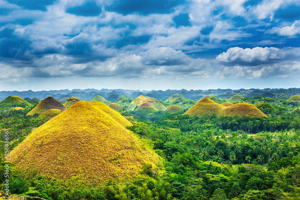 Scenic view on amazingly shaped Chocolate hills in Bohol island, Philippines