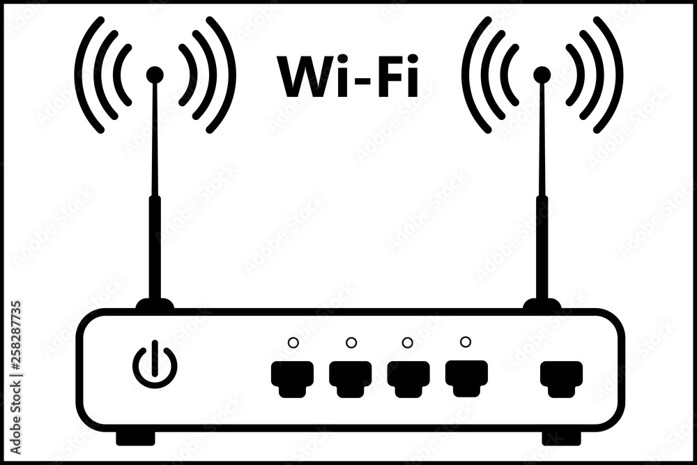Wireless router vector icon with 4 connectors LAN, 1 connector WAN and 2 antennas. Black on white ba