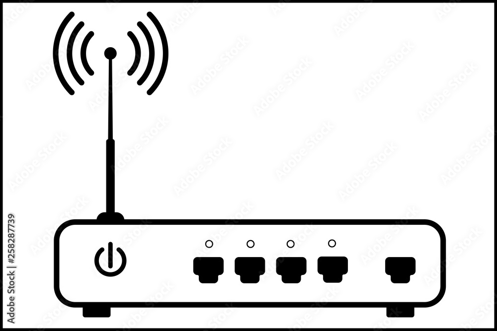 Wireless router vector icon with 4 connectors LAN and 1 connector WAN. Black on white background. Ve