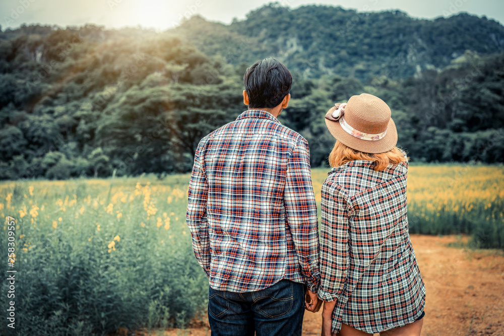 幸福的情侣在山上的绿草地里浪漫漫步。旅行和蜜月概念。