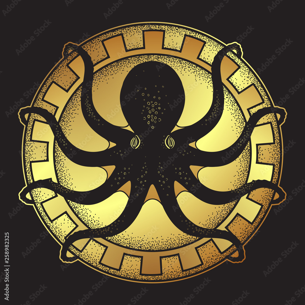 Kraken on shield手绘黑色和金色线条艺术和点画隔离否决器插图。