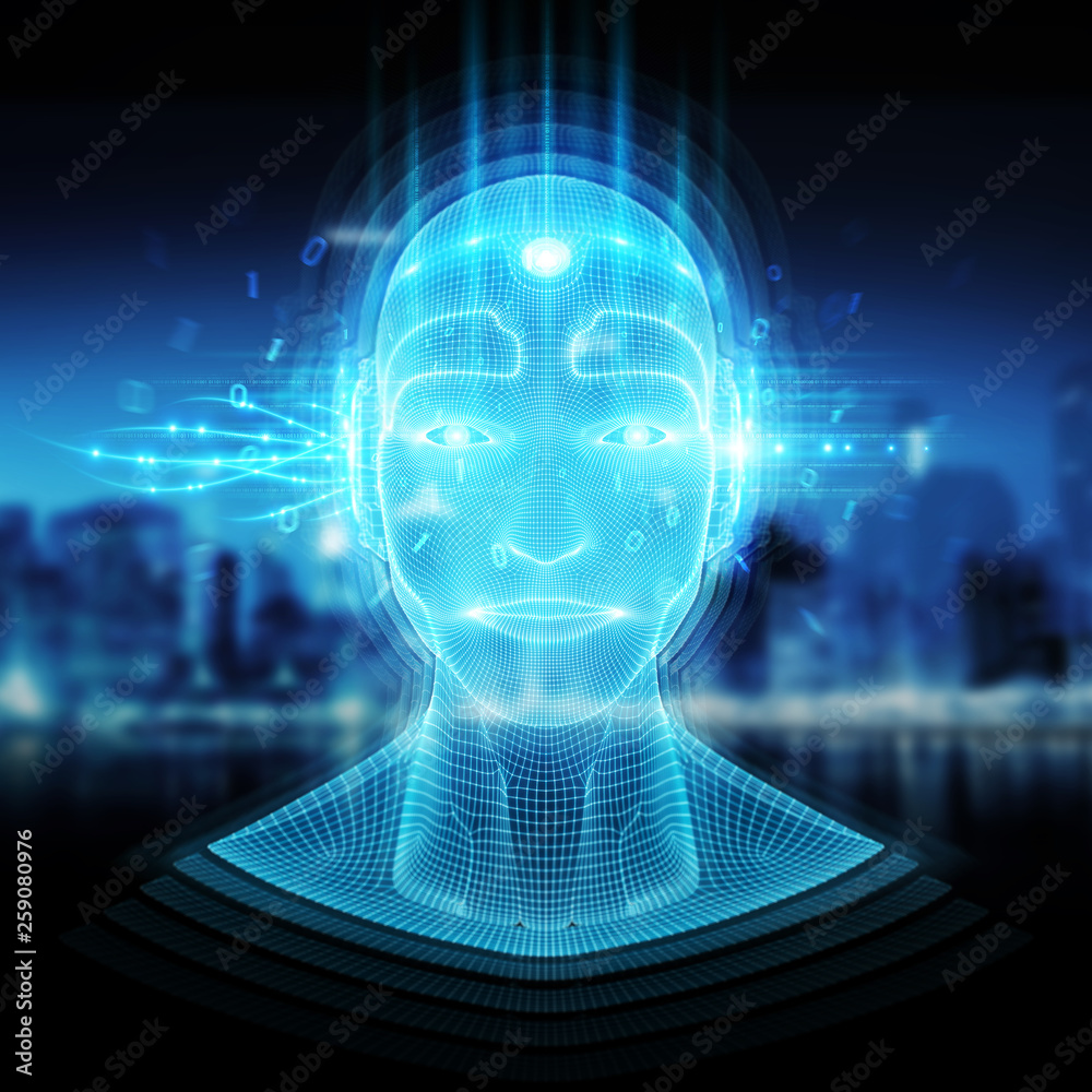 带有机器人半机械人头部概念的智能机器3D渲染