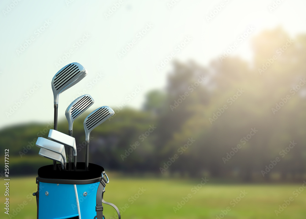 装在袋子里的高尔夫球杆和诱人的高尔夫球场风景，带有文本复制空间，3D插图