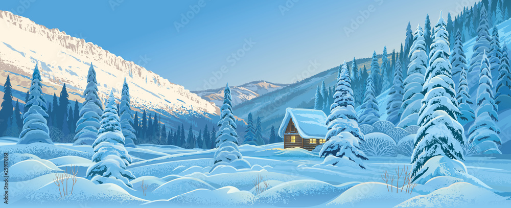 带小屋的冬季山地景观，山林中的黎明。