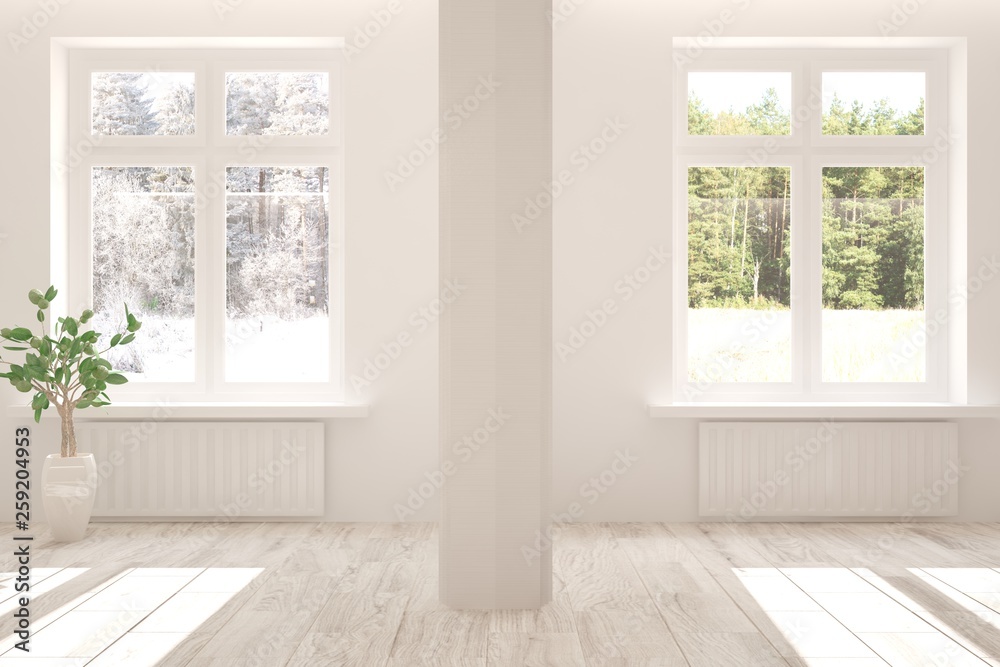 白色极简主义空房间的模型，窗户里有冬季和夏季的风景。斯堪的纳维亚风格