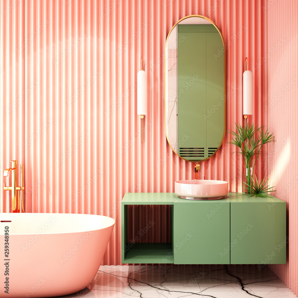 现代浴室室内设计，珊瑚生活潮流设计2019，3d渲染，3d插图
