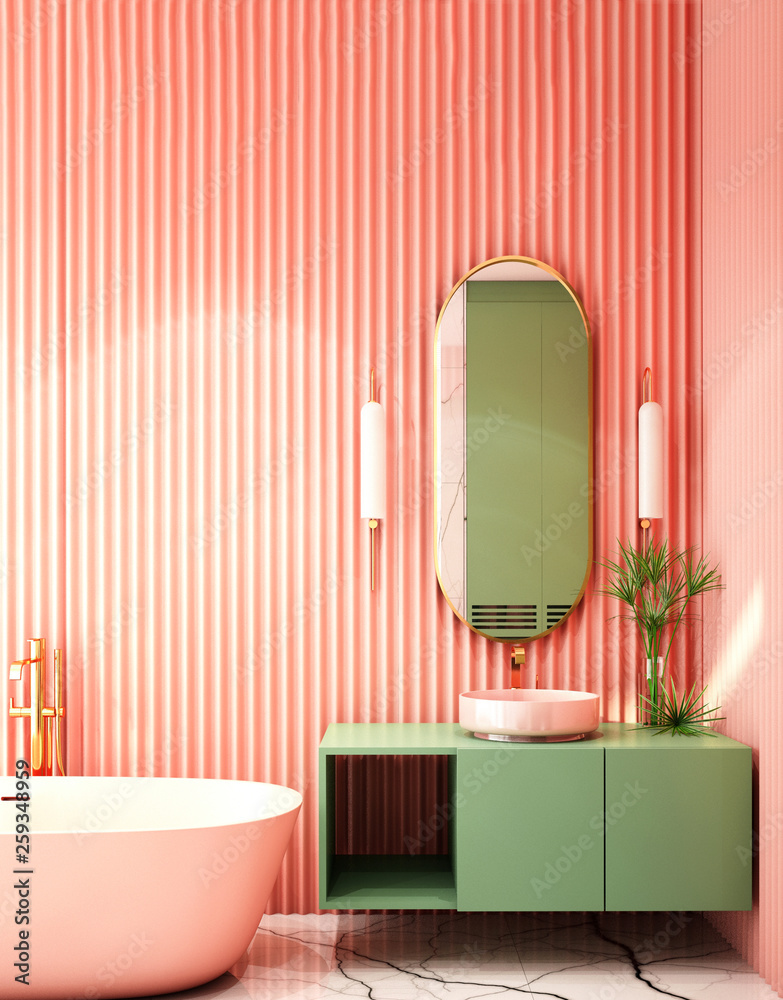 现代浴室室内设计，珊瑚生活潮流设计2019，3d渲染，3d插图