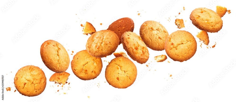 Falling broken chip cookies isolated on white background with clipping path