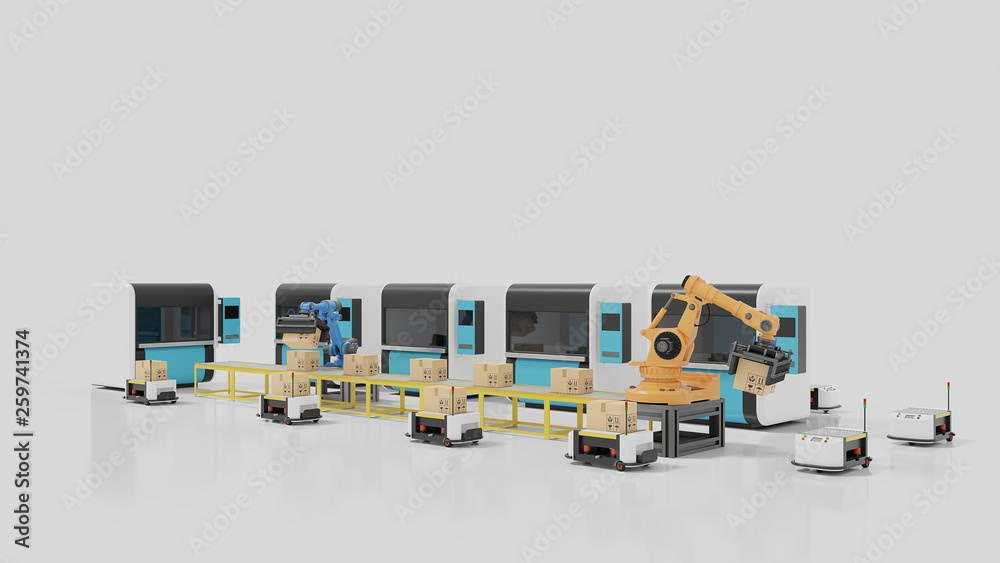 带AGV、3D打印机和机械臂的工厂自动化，3D渲染