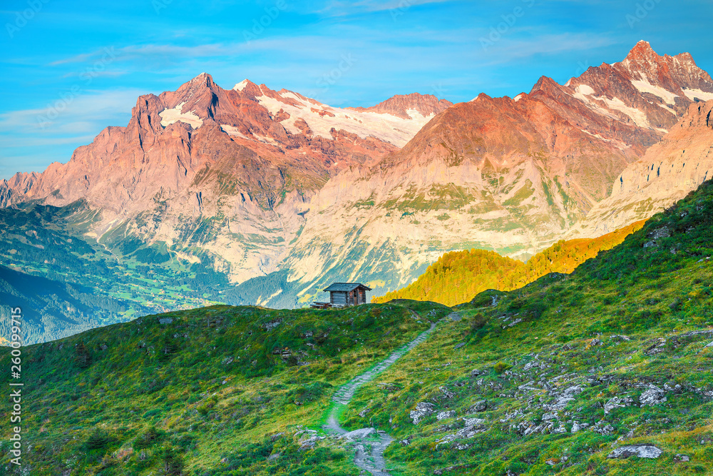 Splendid summer alpine landscape with old wooden hut, Grindelwald, Switzerland