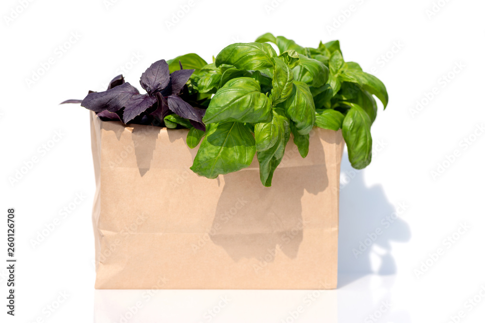 Paper package of vegetables set. Basil and mint