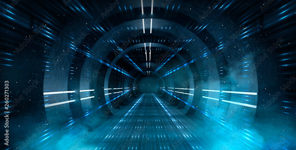Abstract tunnel, corridor with rays of light and new highlights. Abstract blue background, neon. Sce