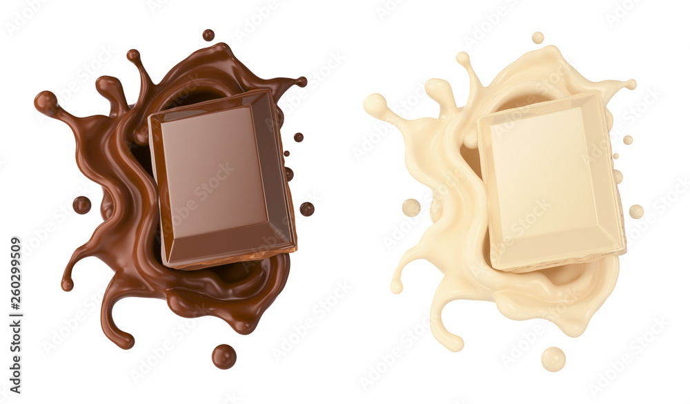 黑白巧克力块落在巧克力酱和牛奶奶油上飞溅的三维插图。
