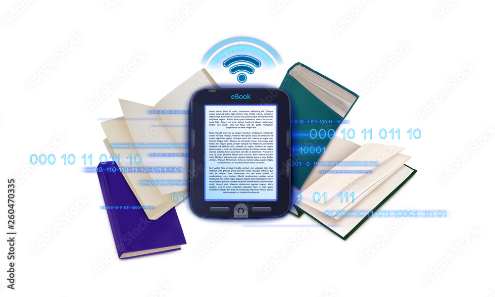EBook. Ñoncept of using the electronic library. Vector composition.
