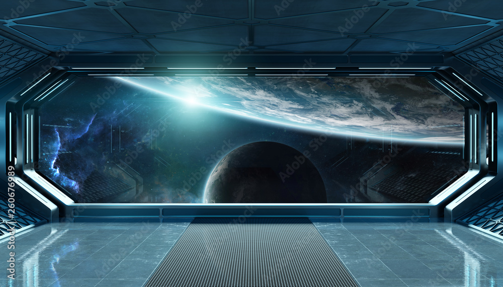 深蓝色太空船未来主义内饰，带太空和行星三维渲染窗口