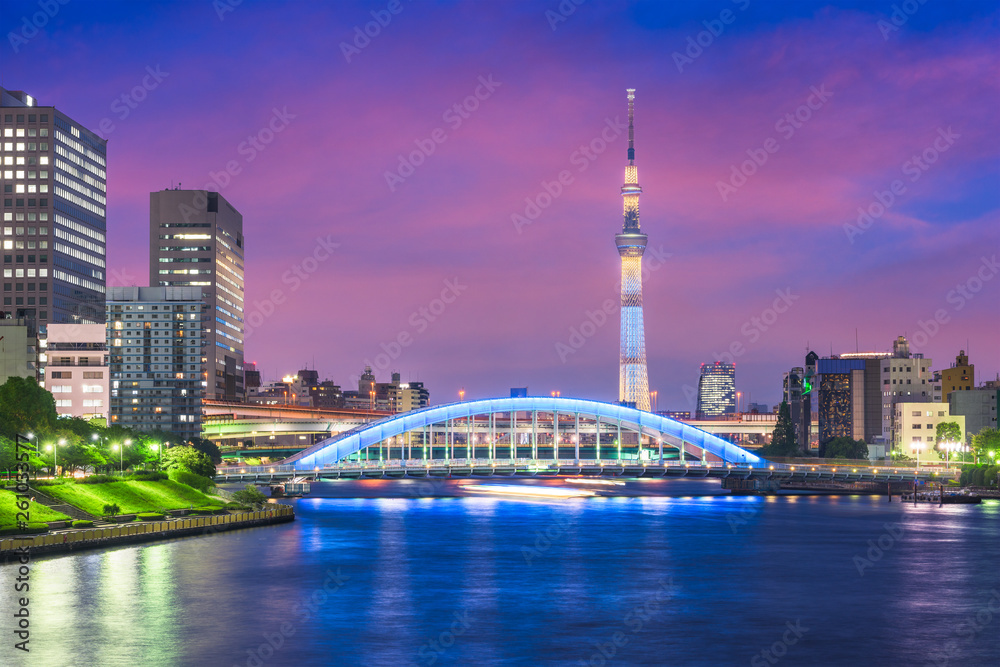 日本东京，夜晚隅田河上的天际线。
