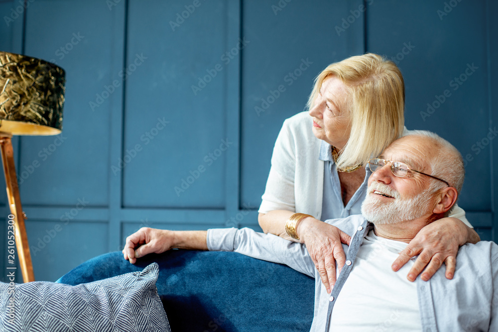 Portrait of a lovely senior couple dressed casually embracing together on the couch at home on the b