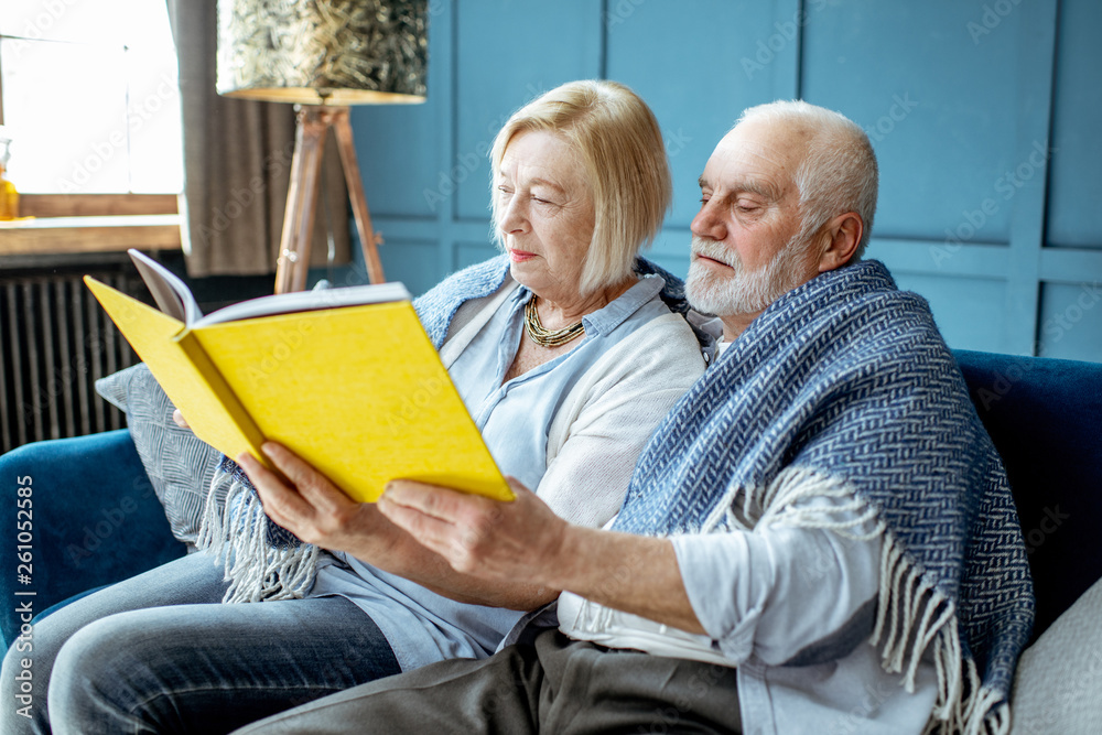 可爱的老年夫妇裹着温暖的格子布坐在家里的沙发上看书
