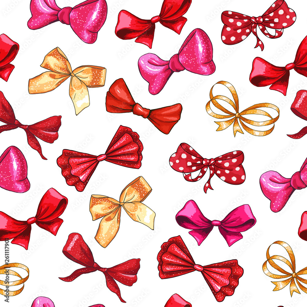 Bow hand drawn vector seamless pattern. Golden gradient, red, pink ribbon knots illustration. Gift b