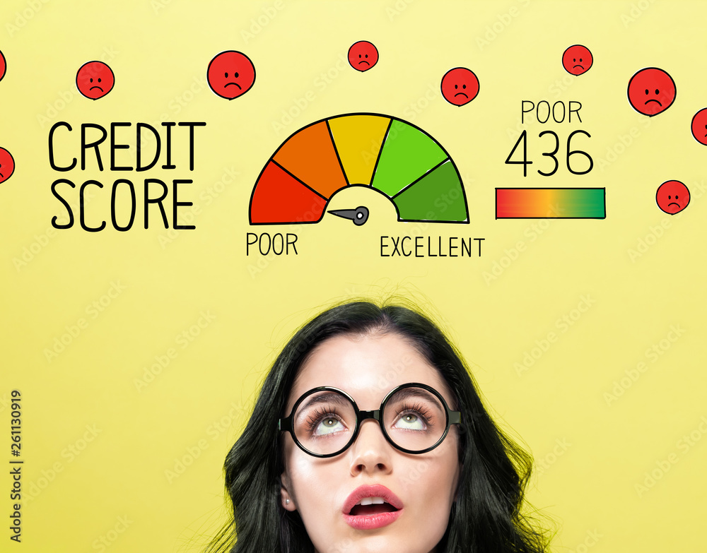 Poor credit score theme with young woman wearing eye glasses