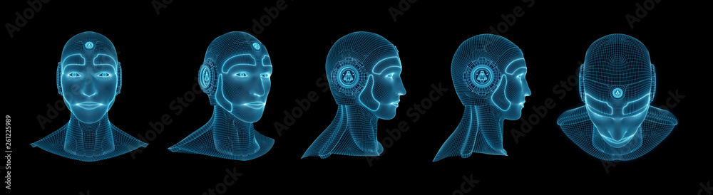 Wireframed robotic man head collection 3D rendering