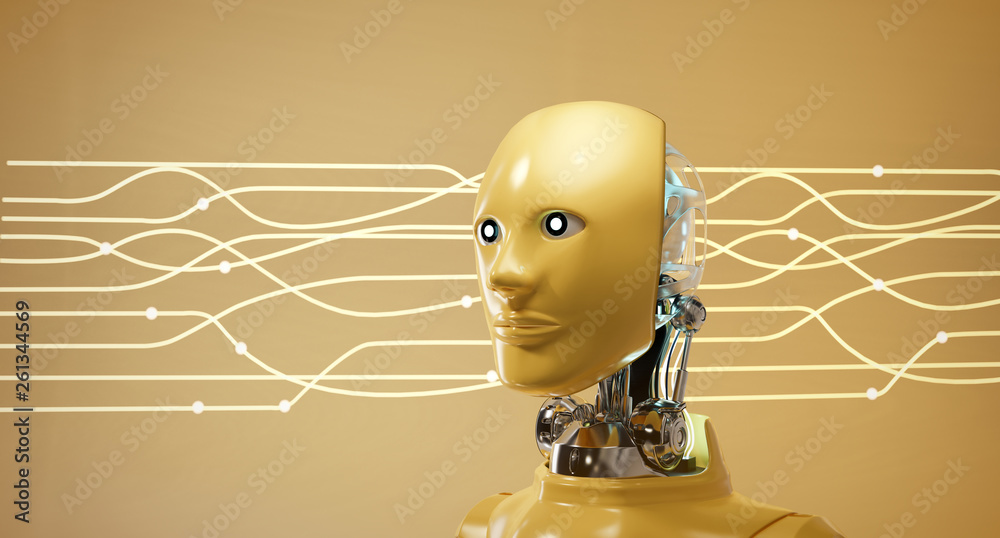 Cyber Robot AI头戴式耳机，背景为电灯电流，3D渲染。