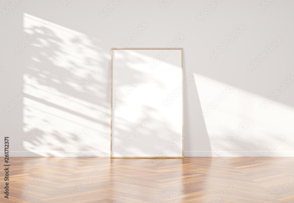 木框架倾斜在明亮的白色内部，带有木地板模型3D渲染